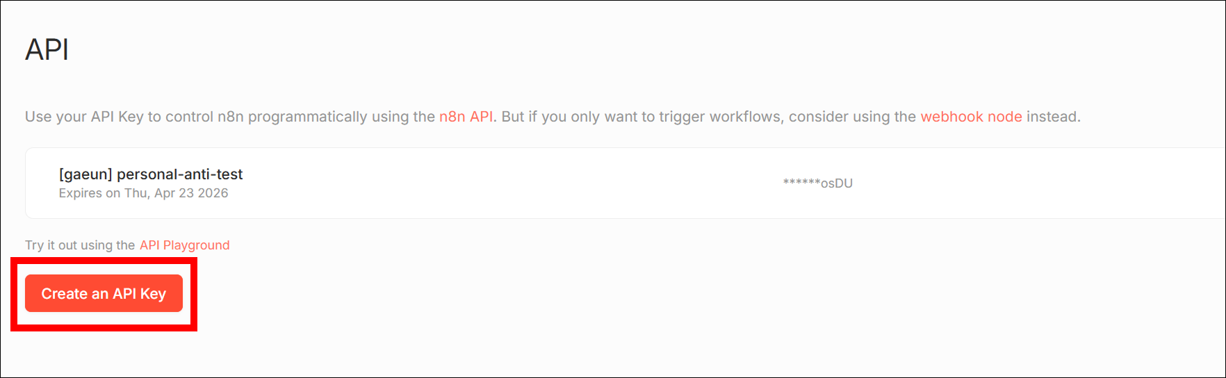 n8n API Key 생성 화면